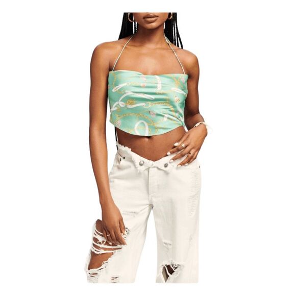 SER.O.YA Ellison Nautical Print Silk Crop Top Green Halter Cowl Neck Sleeveless - Picture 1 of 7